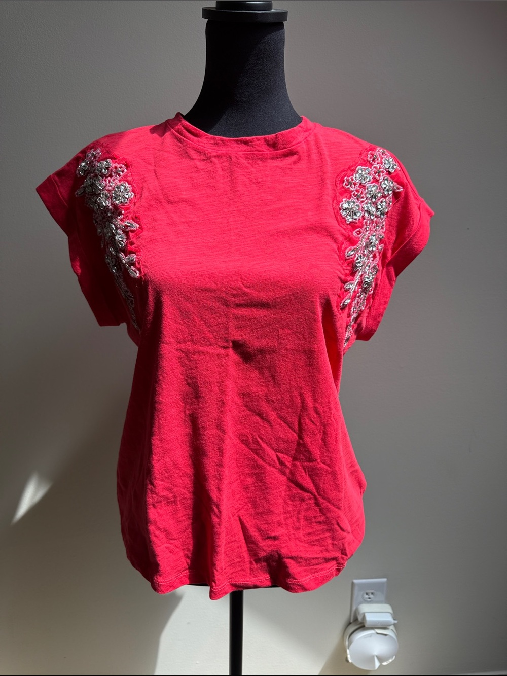Embellished Red Short-Sleeve Women's Top